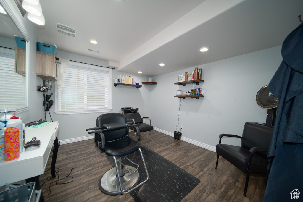 Home office featuring baseboards, dark wood-style flooring, and recessed lighting