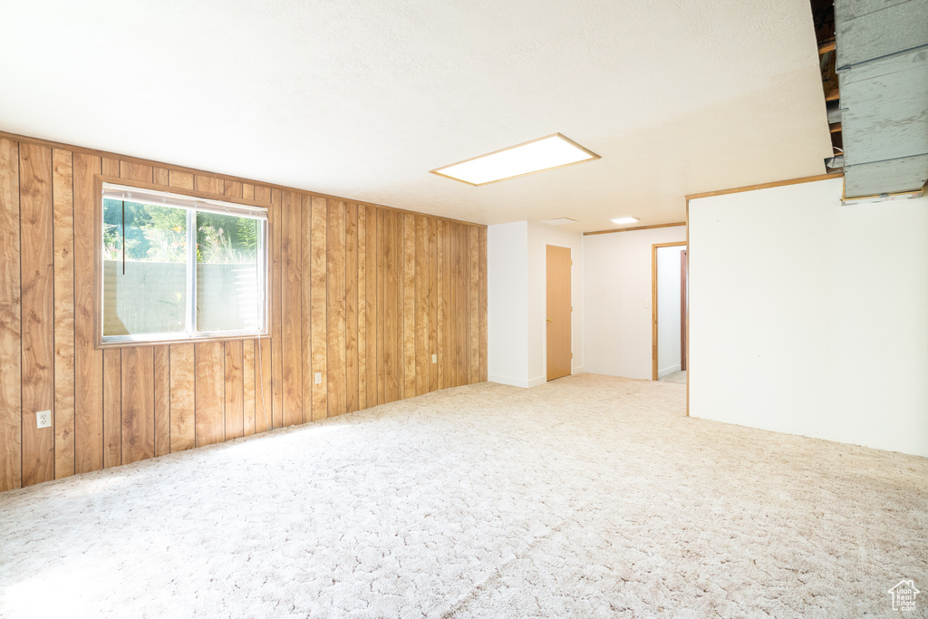 Empty room featuring wooden walls and carpet flooring