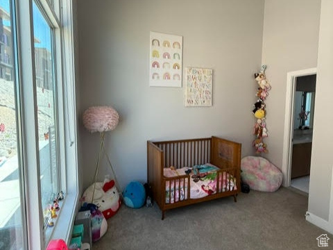 Bedroom featuring carpet flooring and a nursery area