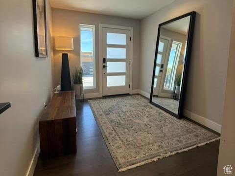 Foyer entrance featuring baseboards, recessed lighting, and dark wood-style floors