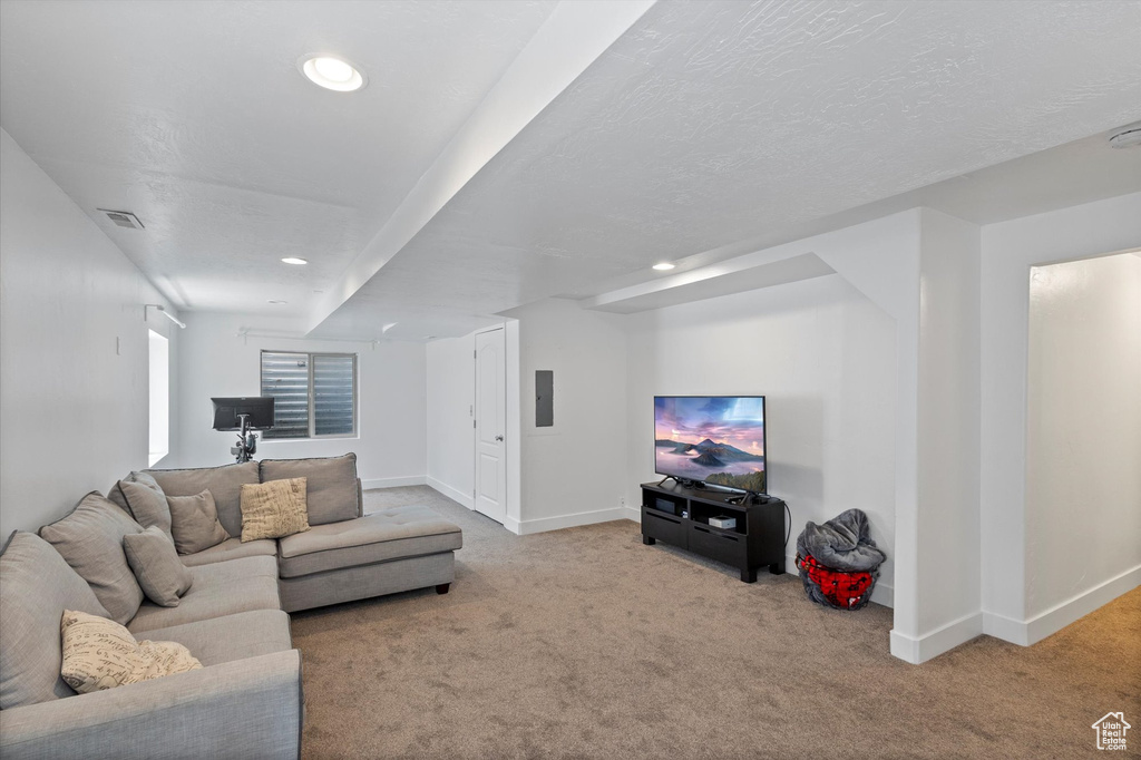 Carpeted living room featuring recessed lighting and electric panel