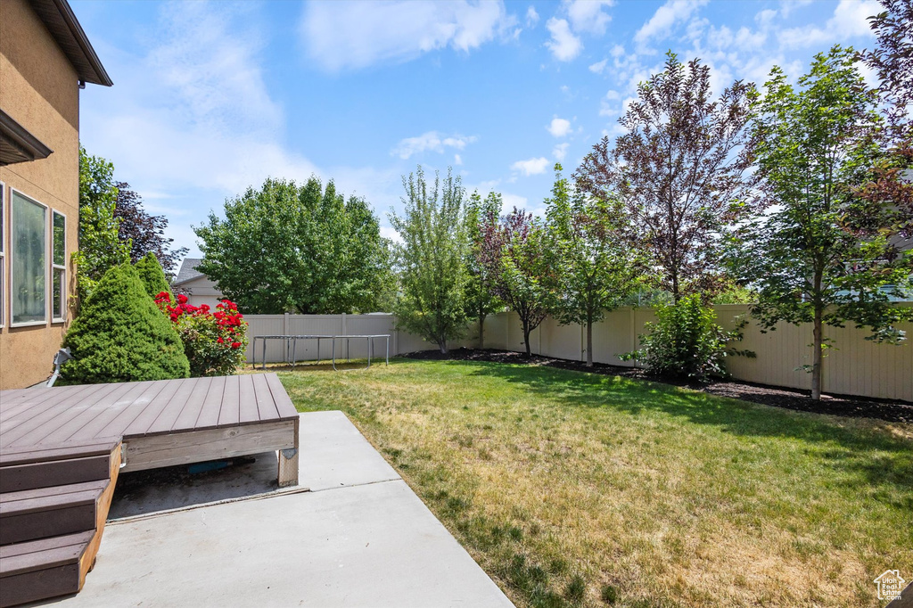 Fenced backyard with a patio area