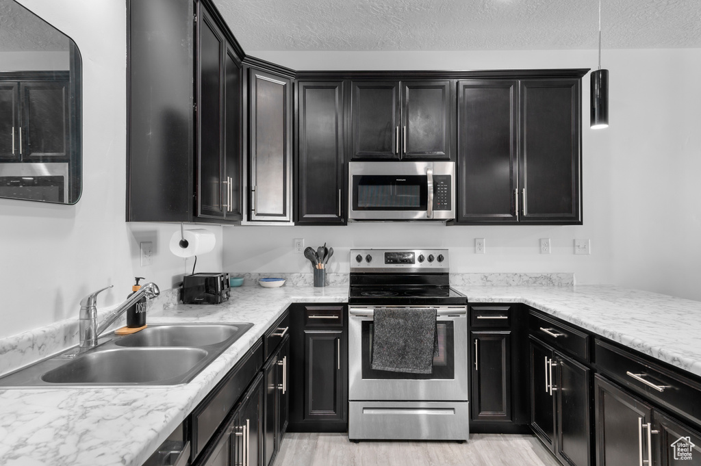 Kitchen with stainless steel appliances, a sink, dark cabinets, a textured ceiling, and light wood-style flooring