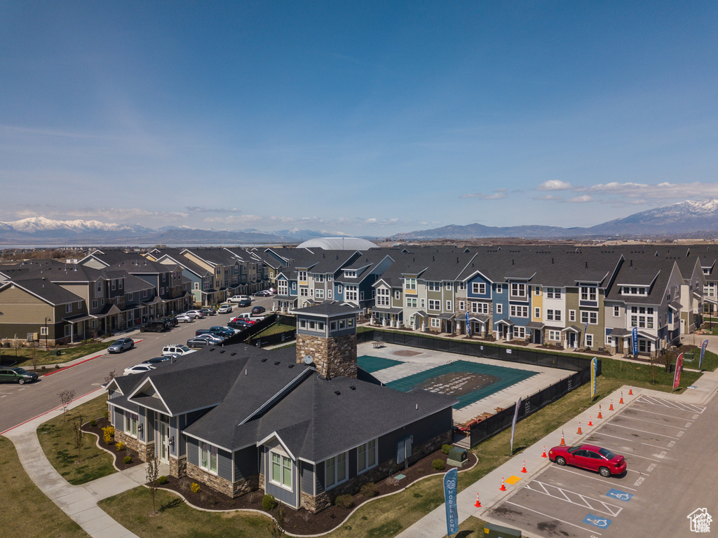 Aerial perspective of suburban area with mountains