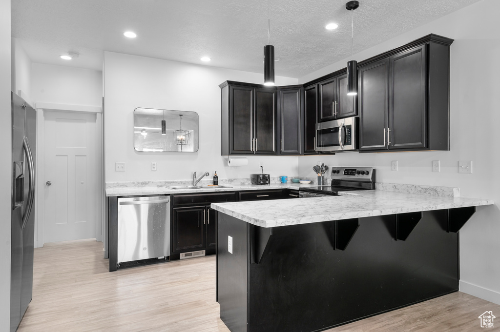 Kitchen featuring appliances with stainless steel finishes, a sink, a peninsula, dark cabinets, and light wood finished floors