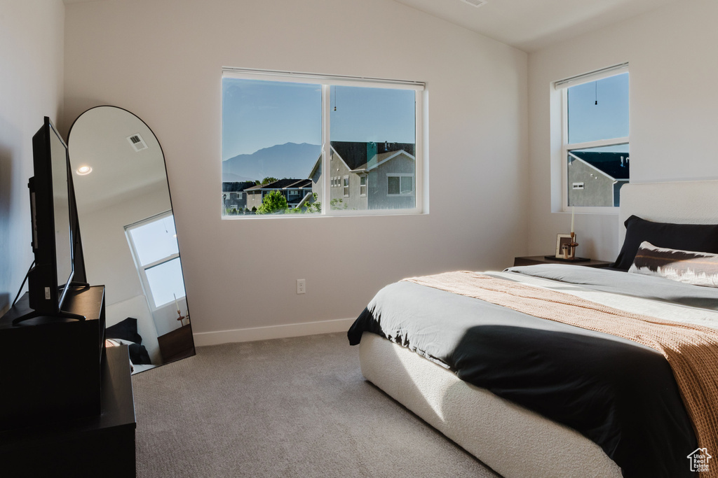 Carpeted bedroom featuring vaulted ceiling and baseboards