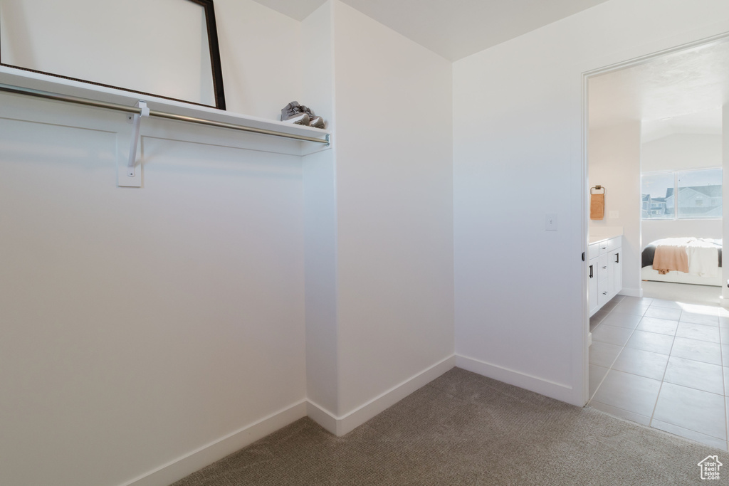 Walk in closet featuring light colored carpet