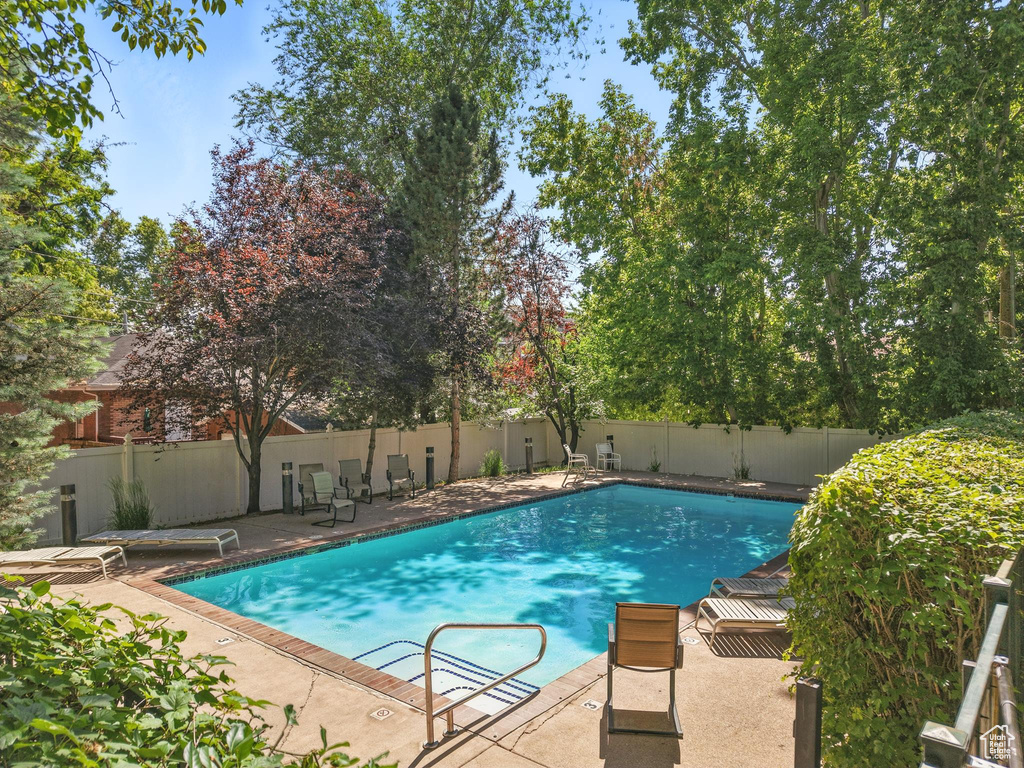 View of pool featuring a fenced backyard and a patio