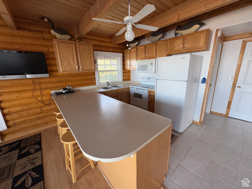 Kitchen featuring white appliances, rustic walls, a wood ceiling with exposed beams, ceiling fan, and a kitchen bar