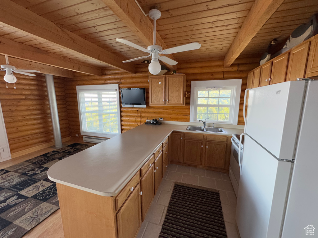 Kitchen featuring white appliances, ceiling fan, a wood ceiling with exposed beams, rustic walls, and a peninsula