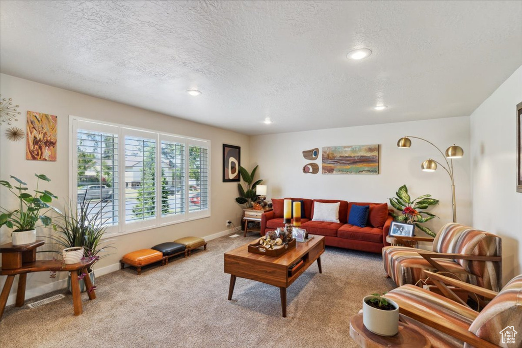 Living area with a textured ceiling, light colored carpet, recessed lighting, and baseboards