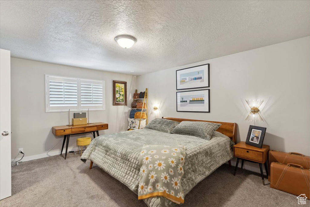 Bedroom with carpet flooring, baseboards, and a textured ceiling