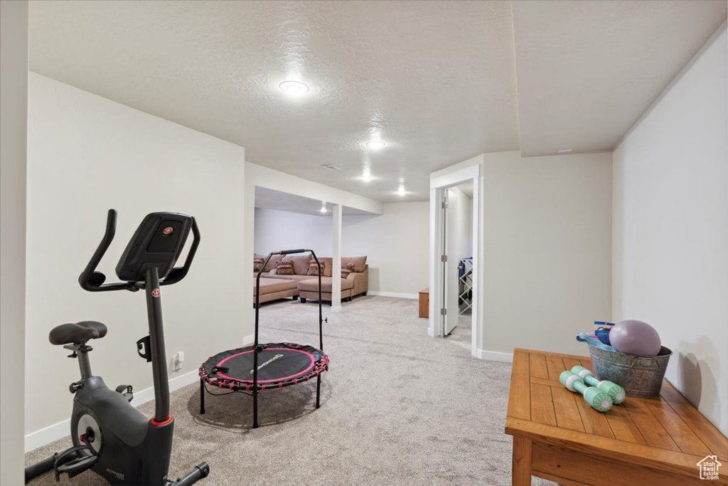 Workout room with carpet floors, baseboards, and a textured ceiling