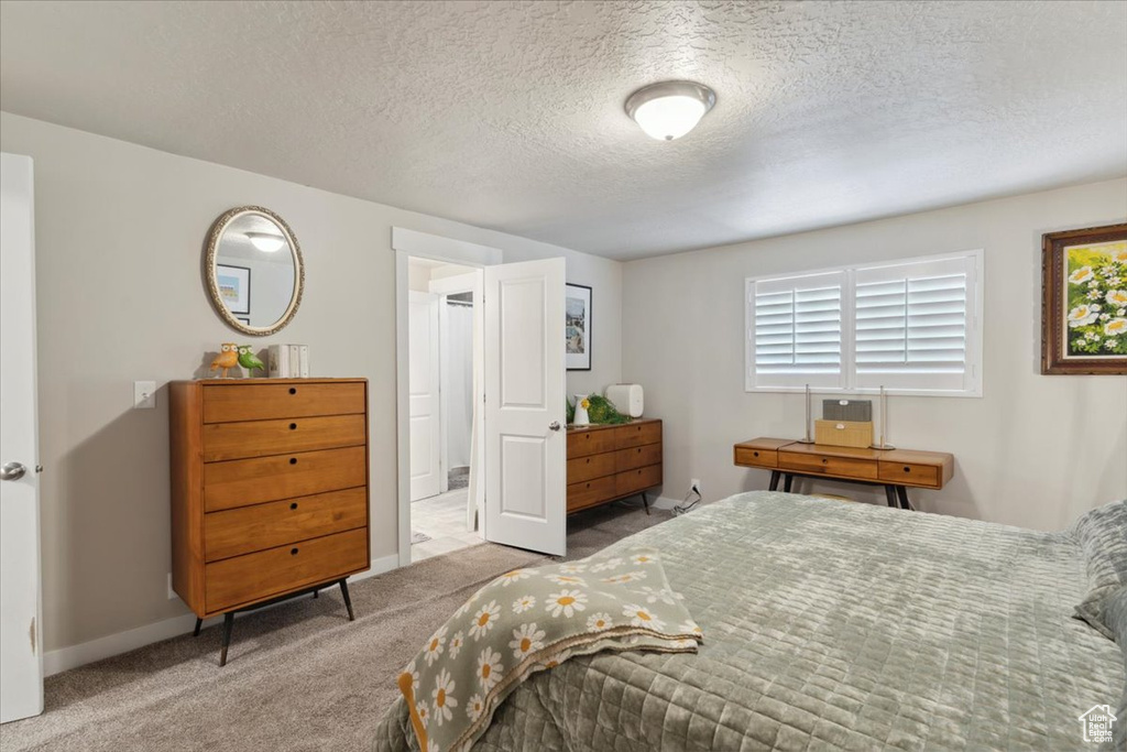 Bedroom with carpet flooring, baseboards, and a textured ceiling