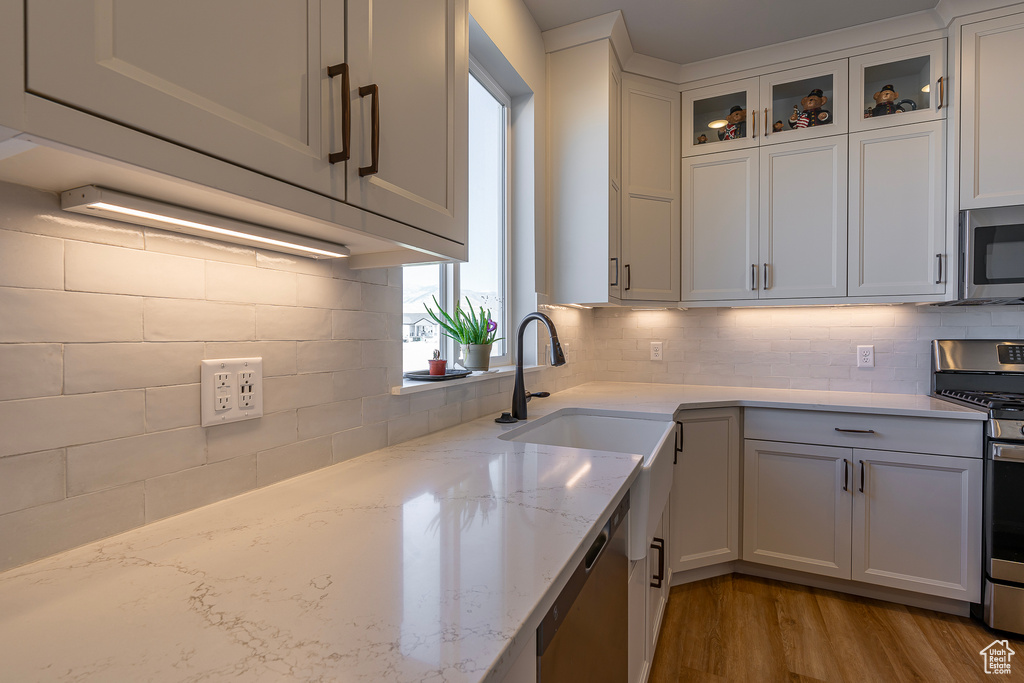 Kitchen with stainless steel appliances, wood finished floors, glass insert cabinets, backsplash, and light stone counters
