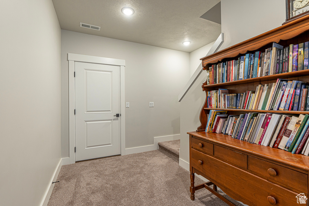 Sitting room with carpet floors, baseboards, and a textured ceiling
