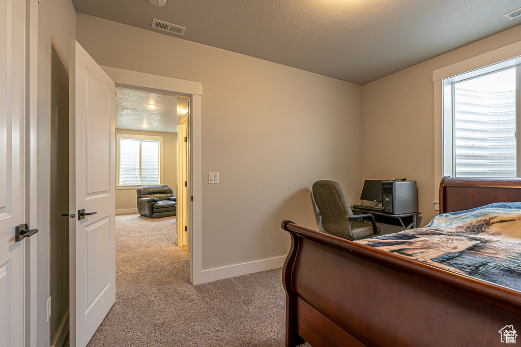 Carpeted bedroom with baseboards and an office area