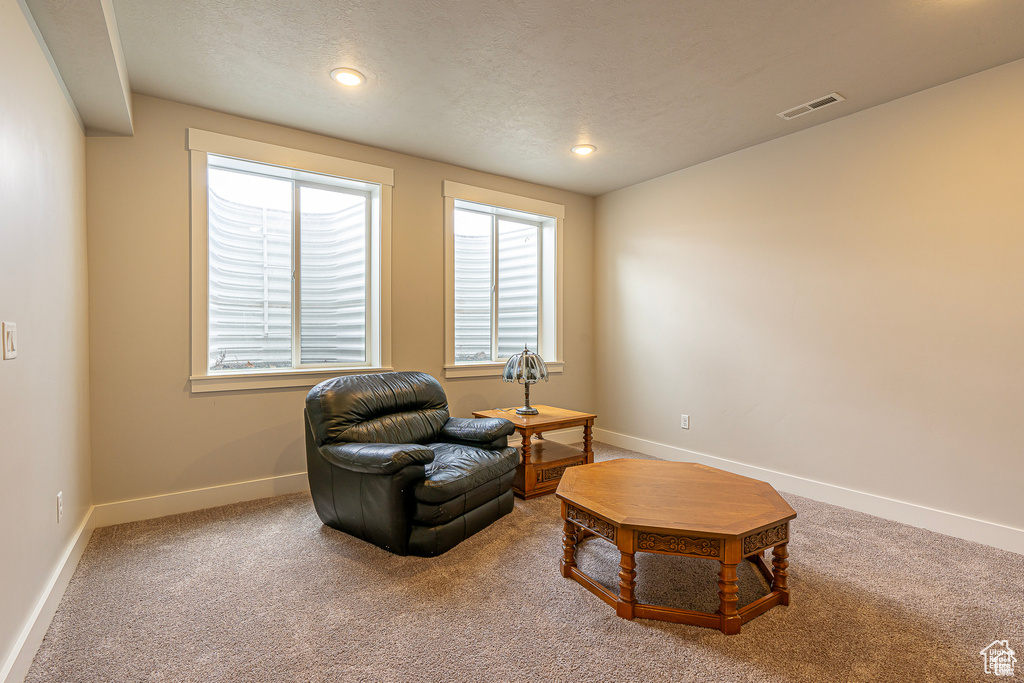 Sitting room with carpet flooring, baseboards, and recessed lighting