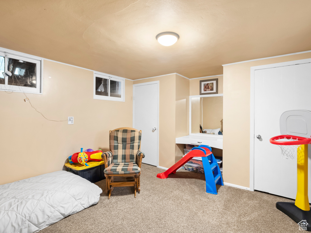 Bedroom with carpet flooring