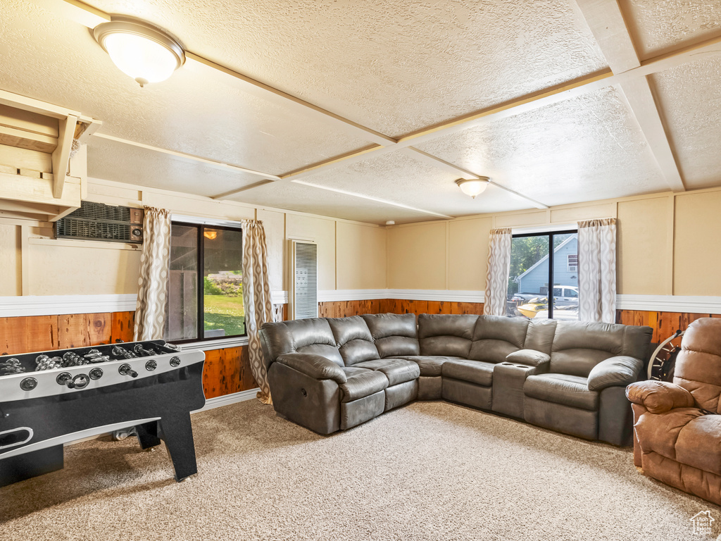 Carpeted living room featuring a textured ceiling, wooden walls, and a wainscoted wall