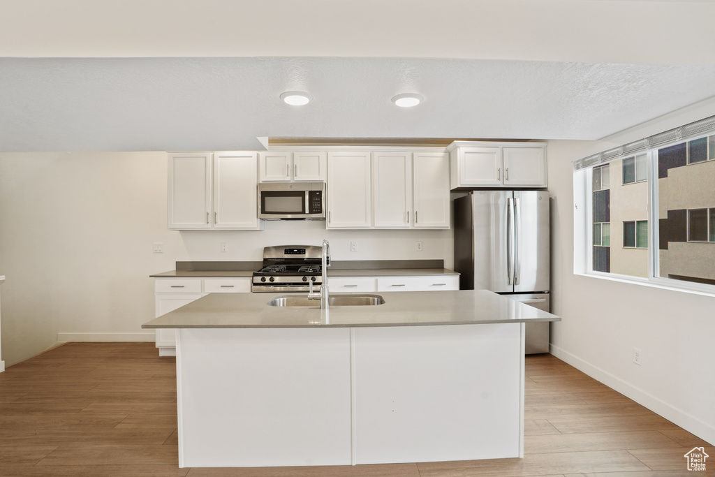 Kitchen featuring appliances with stainless steel finishes, baseboards, a sink, light wood-style flooring, and recessed lighting