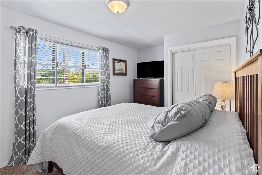 Bedroom featuring a closet and carpet flooring