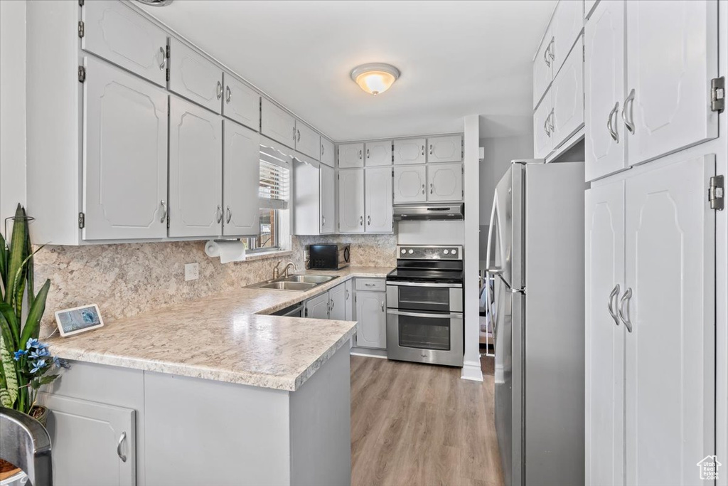 Kitchen featuring stainless steel appliances, under cabinet range hood, a sink, a peninsula, and light wood-type flooring