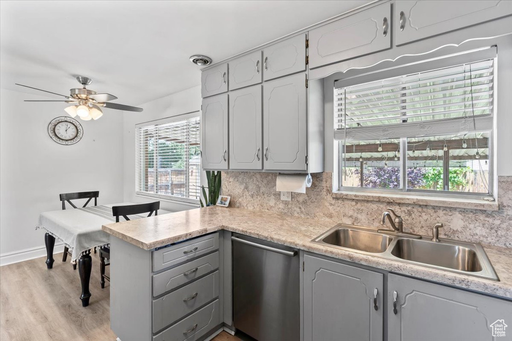 Kitchen featuring stainless steel dishwasher, a sink, gray cabinets, a peninsula, and tasteful backsplash