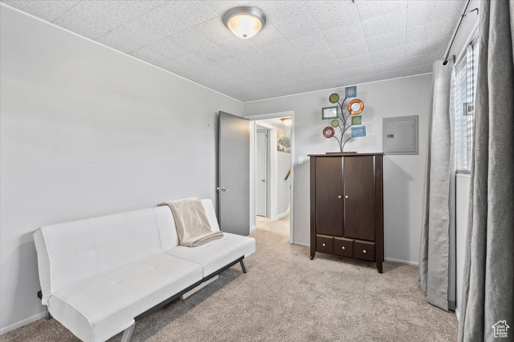 Sitting room featuring electric panel and light carpet