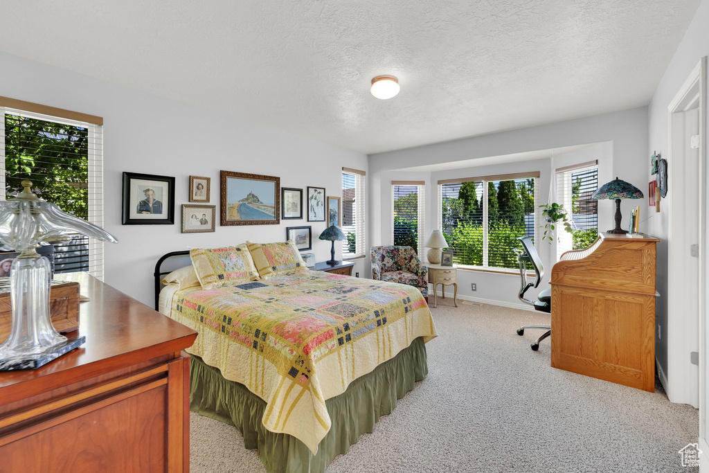 Bedroom featuring light colored carpet and a textured ceiling