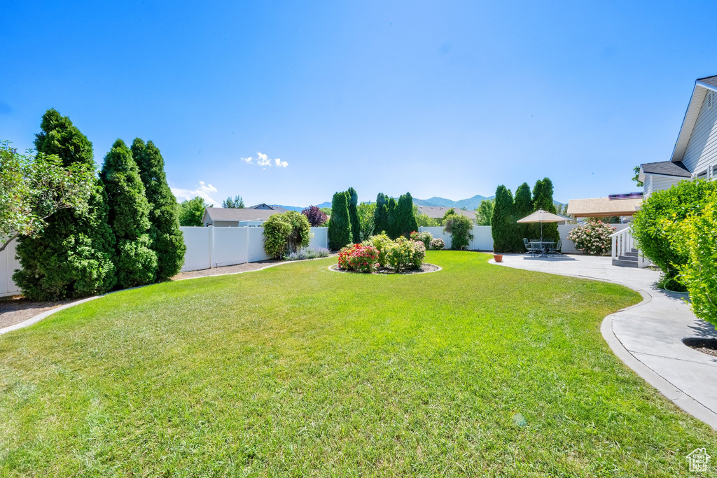 Fenced backyard featuring a patio area