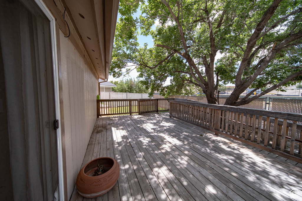 Wooden terrace featuring a fenced backyard