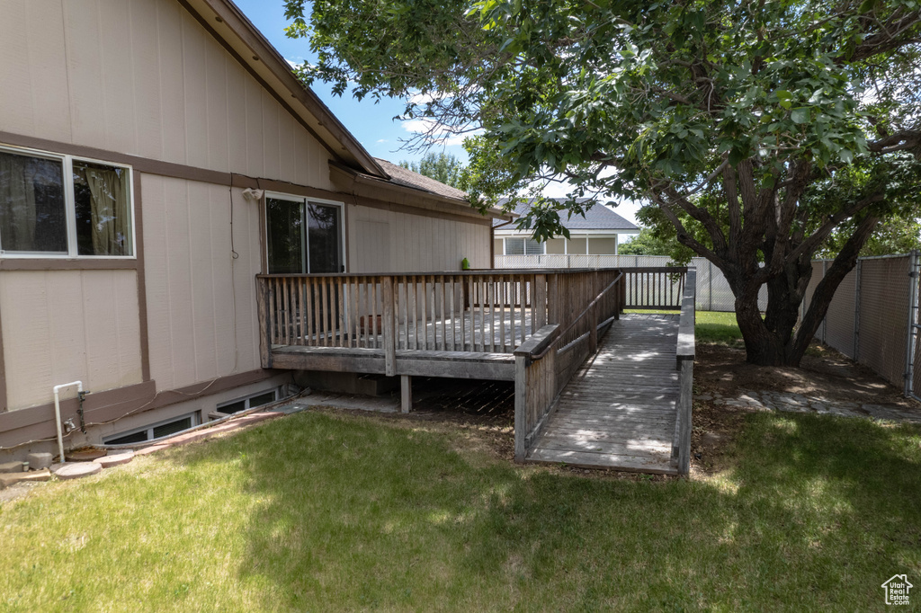 Wooden terrace with a fenced backyard