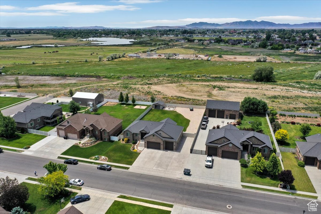 Aerial view of residential area with mountains