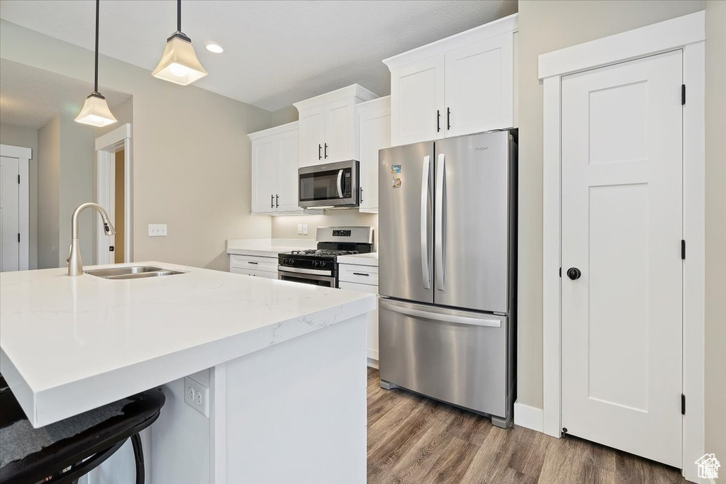 Kitchen featuring appliances with stainless steel finishes, a sink, wood finished floors, white cabinets, and recessed lighting