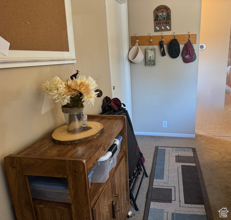 Hall featuring carpet flooring