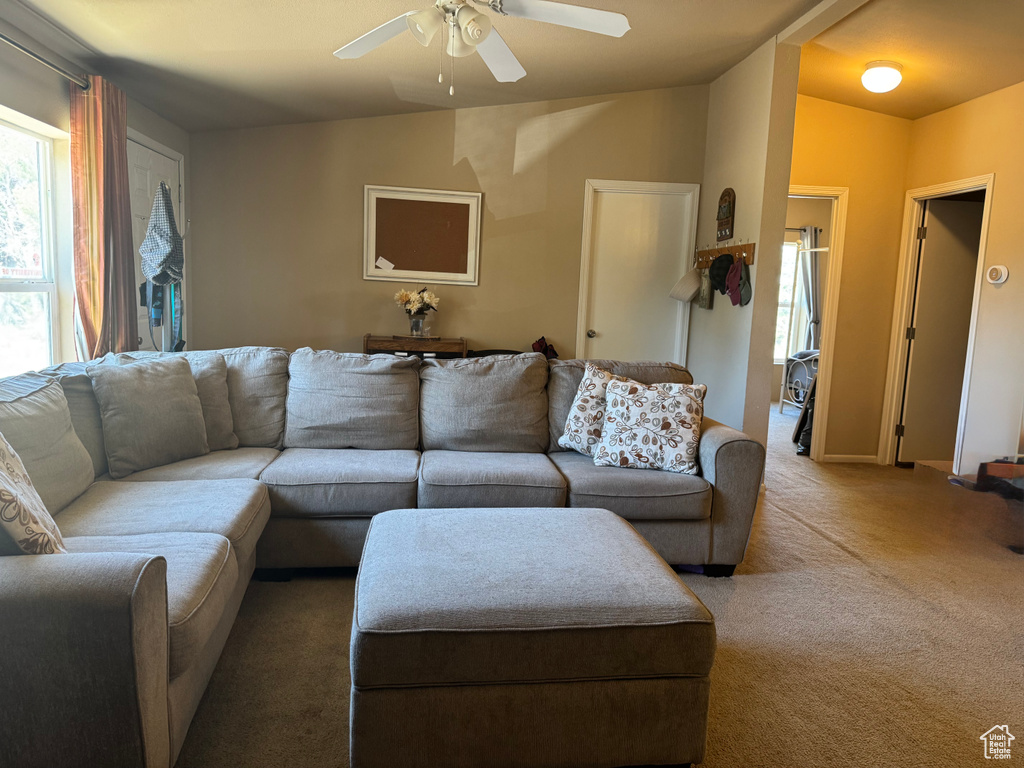 Living area featuring carpet flooring and a ceiling fan