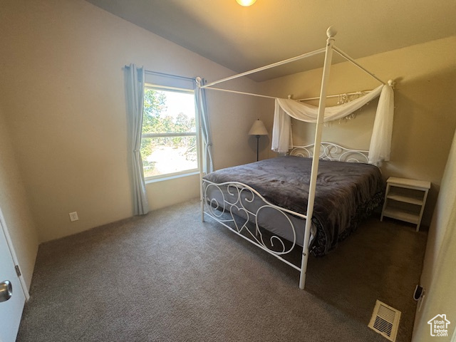 Bedroom featuring carpet and vaulted ceiling