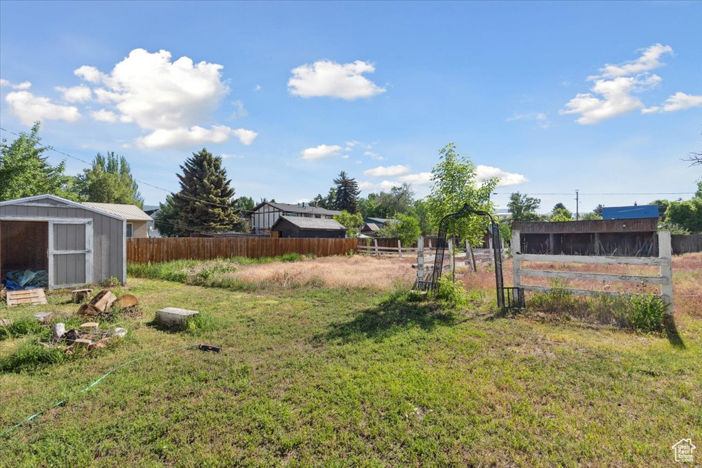 View of yard with a shed