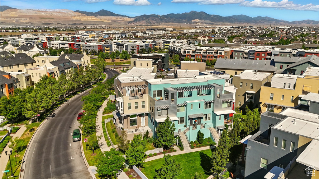 Aerial perspective of suburban area with mountains