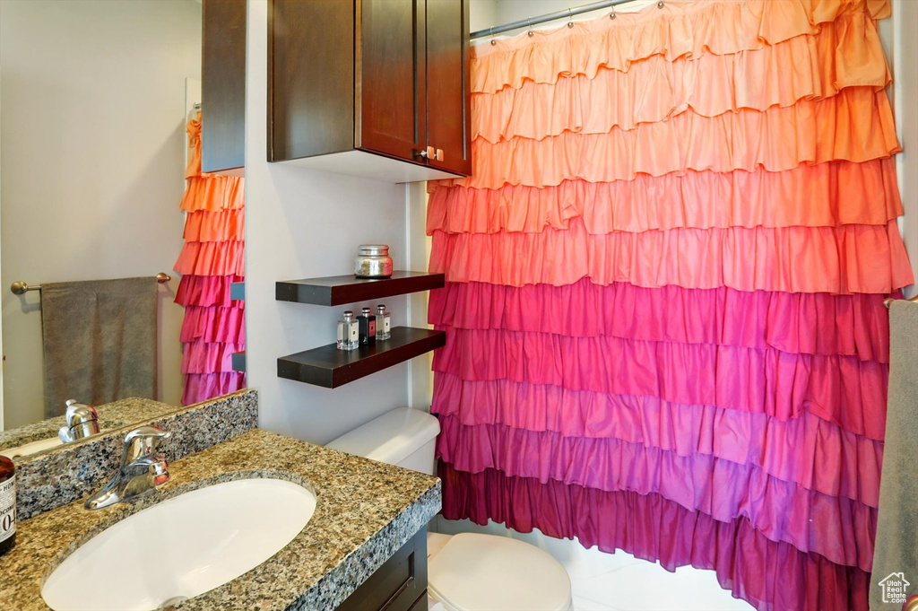 Bathroom with toilet, vanity, and a shower with curtain