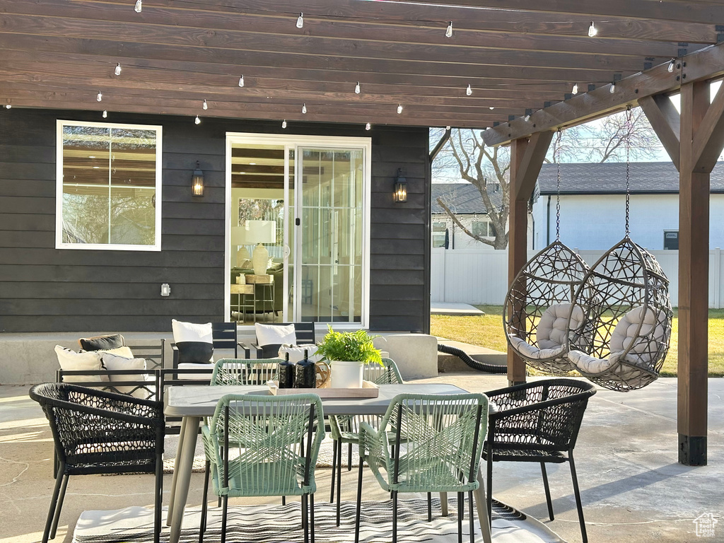 View of patio / terrace with outdoor lounge area and a pergola
