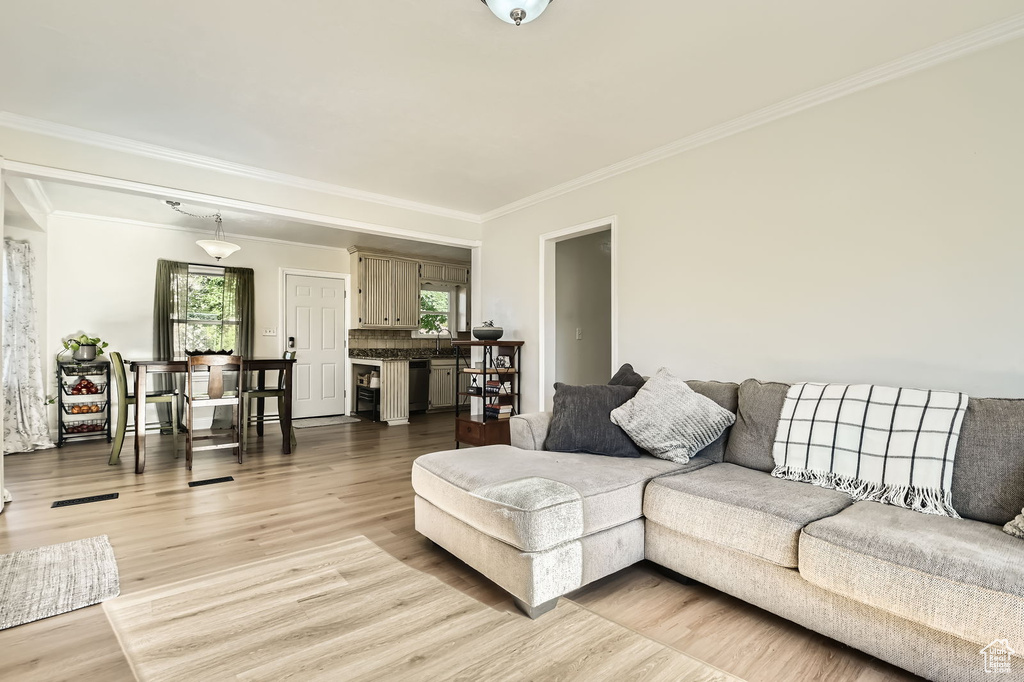 Living room featuring crown molding and light wood-style floors