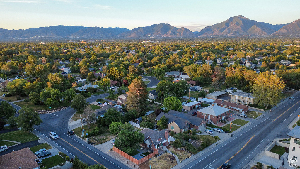 Aerial view at dusk of a mountain view and a residential view