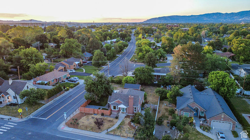 Aerial view of residential area with mountains