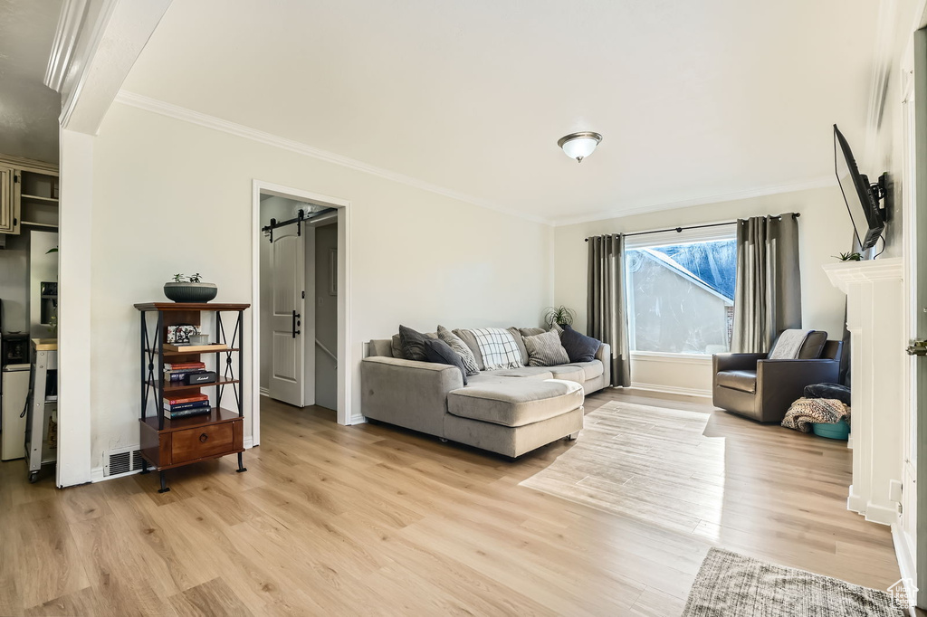 Living room with light wood-style flooring, crown molding, baseboards, and a barn door