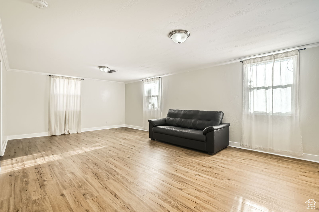 Living area featuring light wood-style floors, healthy amount of natural light, baseboards, and ornamental molding