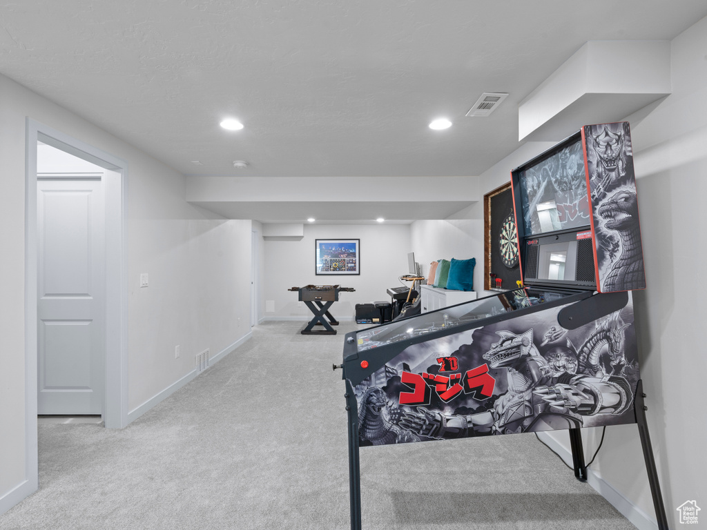 Playroom with carpet flooring and recessed lighting