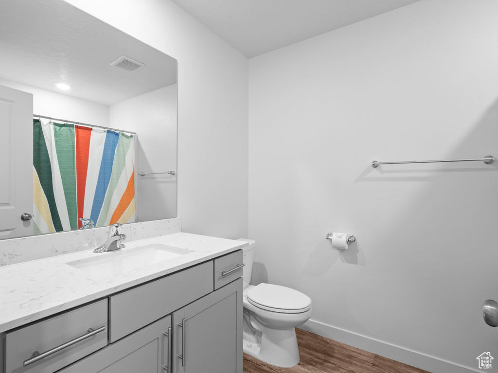 Bathroom with wood finished floors, vanity, and a shower with shower curtain