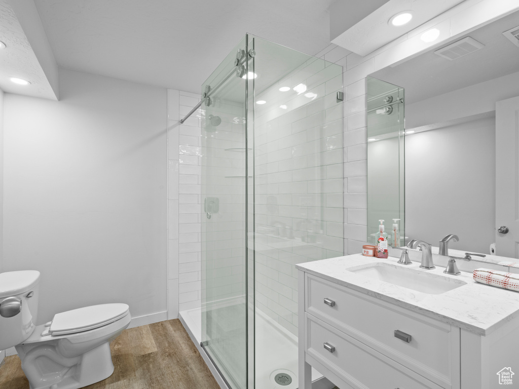 Full bathroom with wood finished floors, a shower stall, vanity, and recessed lighting